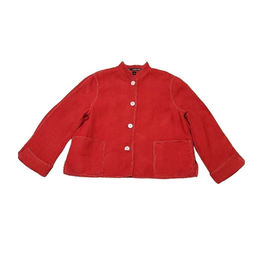 Linda Allard‎ Ellen Tracy Red Linen Blazer Sz 14 Midi Cuffed Sleeve Office